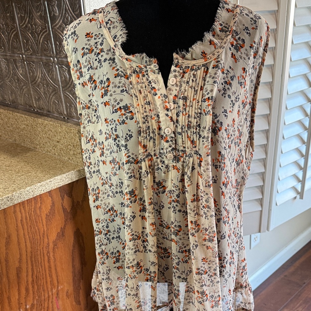Floral Button-Down Blouse - Beige and Orange